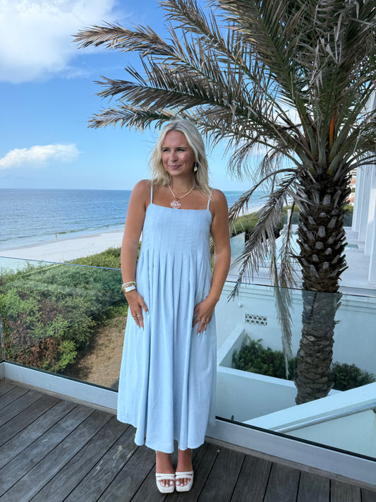Pleated Blue Midi Dress